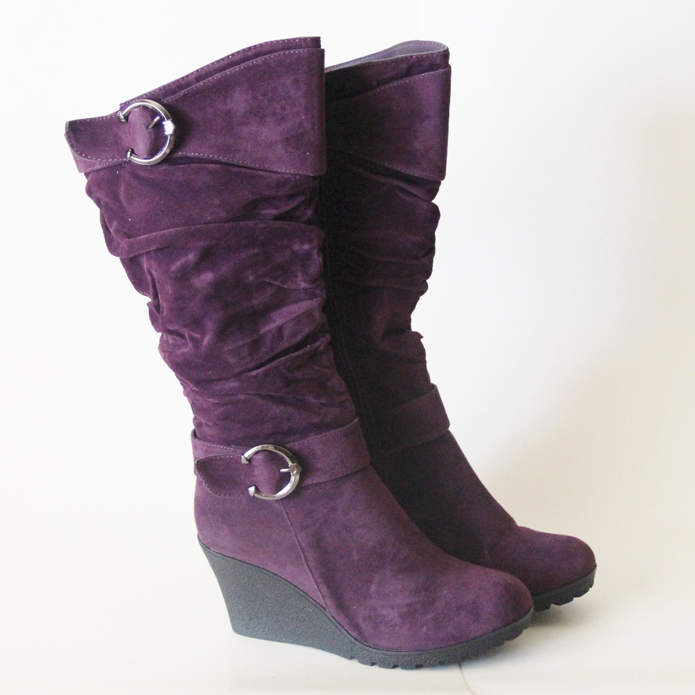 Purple Wedge Tall Heel Mid Calf Slouchy Boots NEW